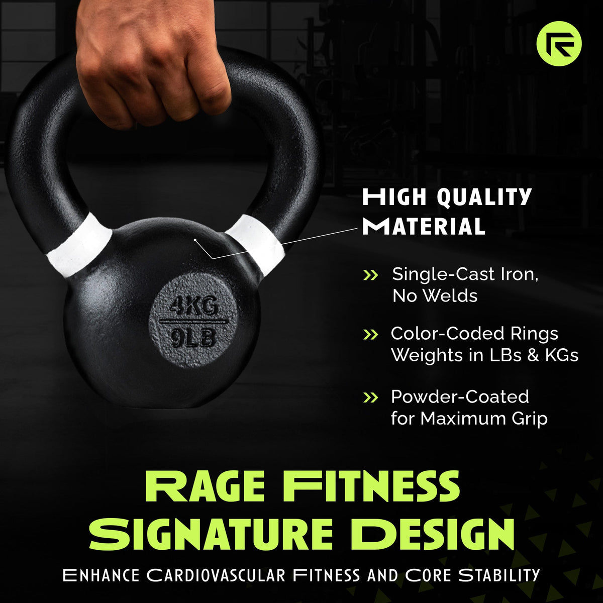 4kg or 9lb Black kettlebell with white accents held by a hand, featuring text about high-quality material and Rage Fitness branding.