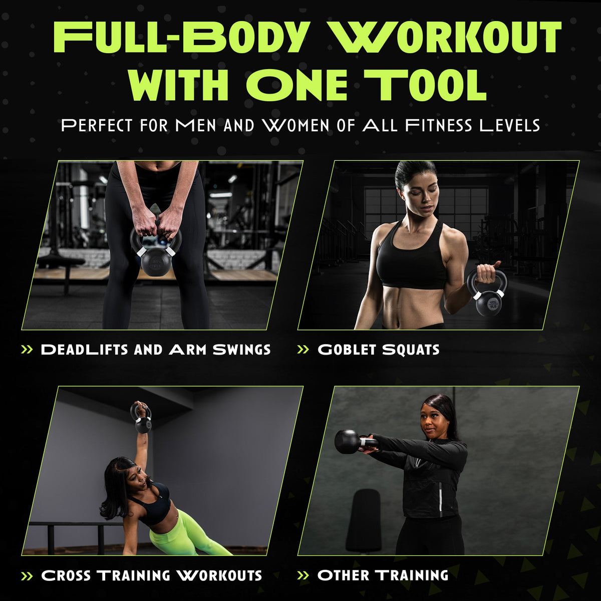 Advertisement for a full-body workout routine using kettlebell, featuring various exercises.