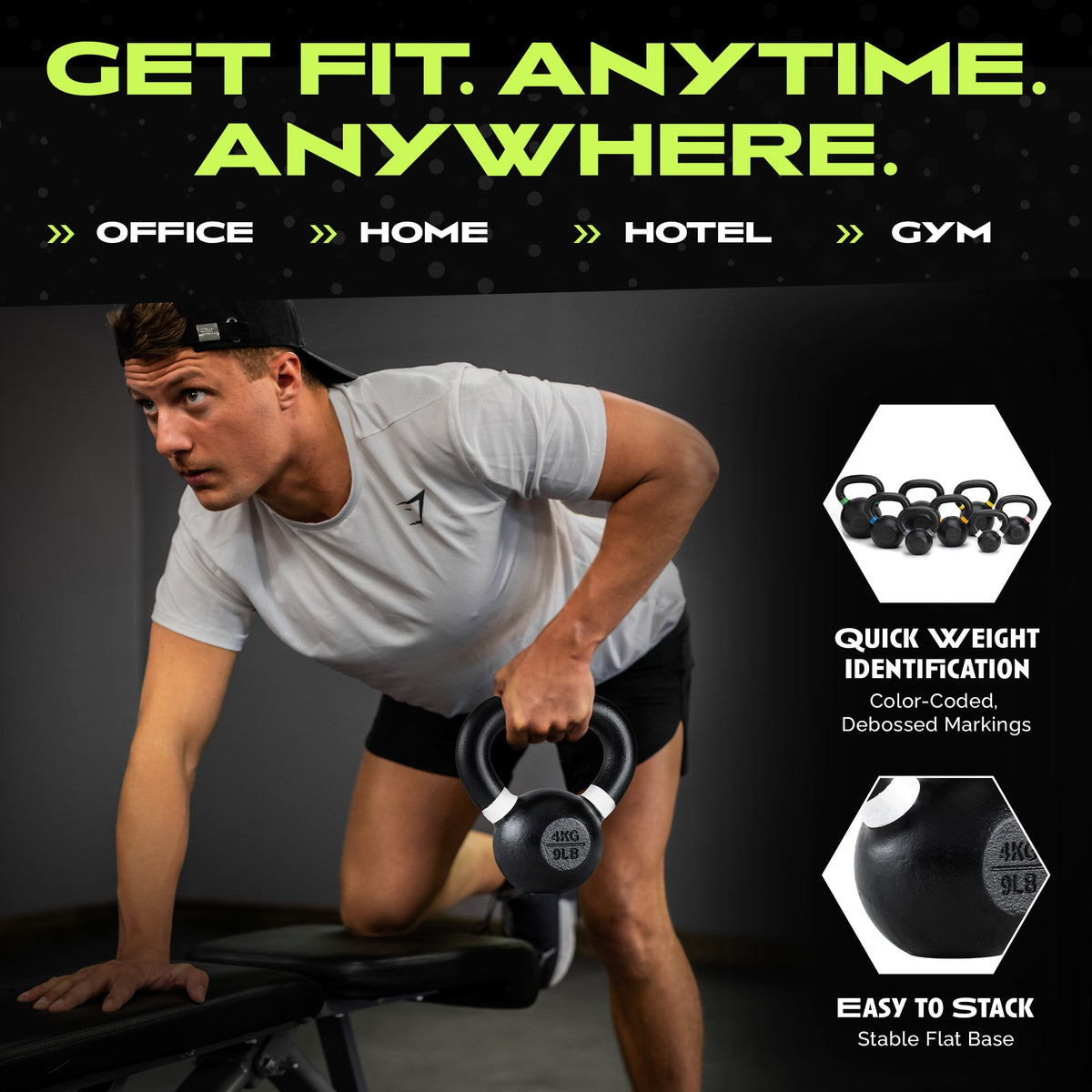 Man lifting a kettlebell with text 'Get Fit. Anytime. Anywhere.' and product features on a dark background.