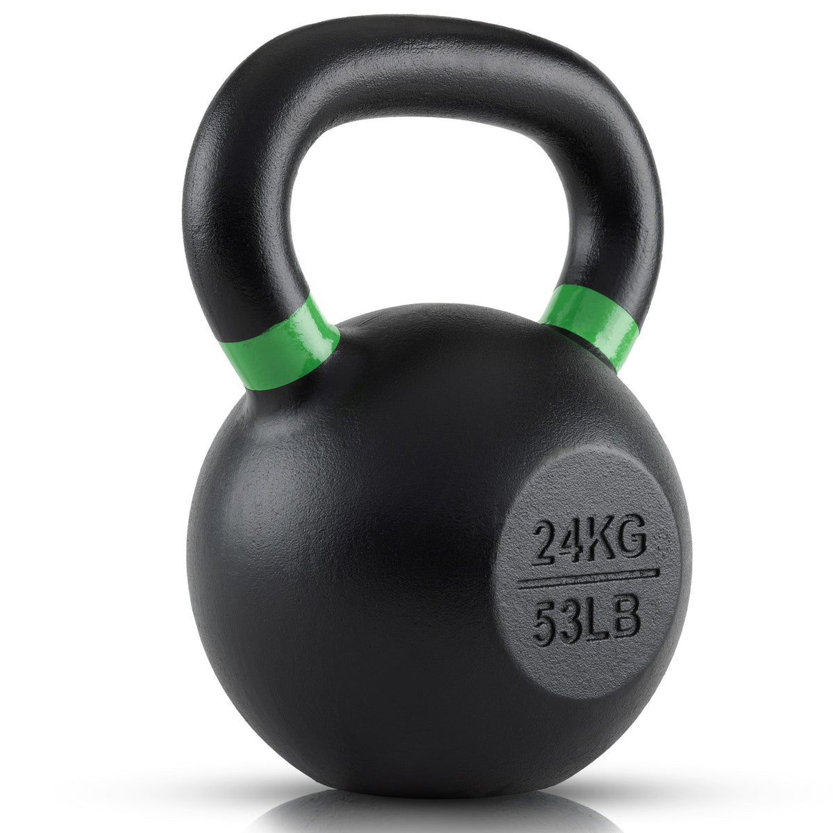 24kg or 53lb Black kettlebell with green accents and weight marking on a white background