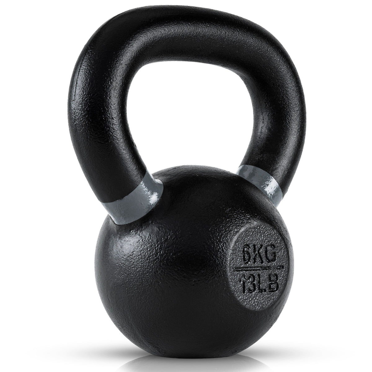 6kg or 13lb Black kettlebell with weight marking on a white background