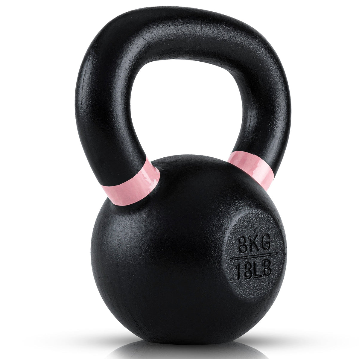 8kg or 18lb Black kettlebell with pink accents on a white background