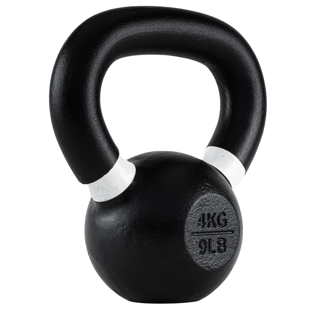 4kg or 9lb Black kettlebell with weight marking on a white background