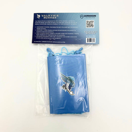 Blue pouch with a logo and packaging labeled 'Valkyrie Runner' on a white background