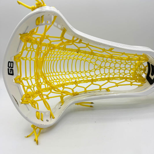 white gait lacrosse head with a yellow valkyrie runner and yellow strings strung by stringers society