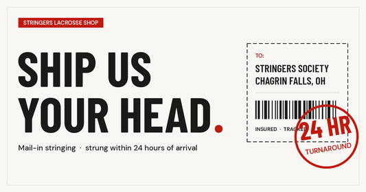 mail-in lacrosse stringing service graphic with shipping label addressed to Stringers Society, Chagrin Falls, OH, and a 24-hour turnaround stamp