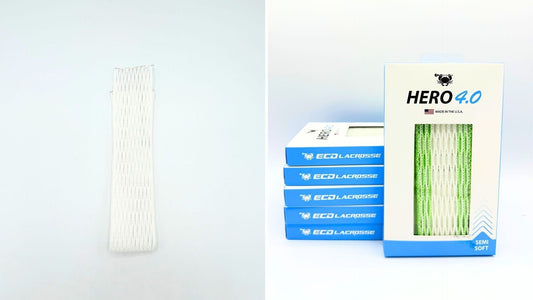 stringers shack g3 xl vs ecd hero 4.0 lacrosse mesh comparison chart showing differences in weight, pocket shift, weather resistance, ball feel, durability, and ideal player type in a two-column table format