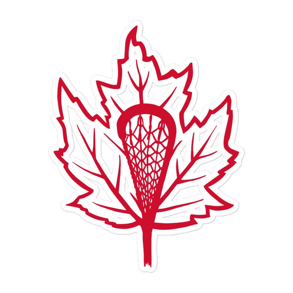 lacrosse themed sticker with a traditional lacrosse stick and a maple leaf