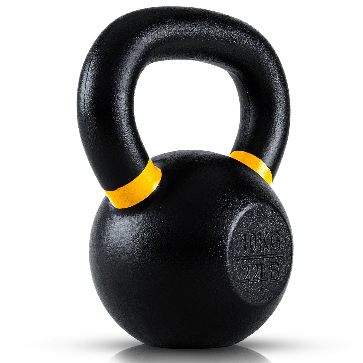 10kg or 22lb Black kettlebell with yellow accents on a white background
