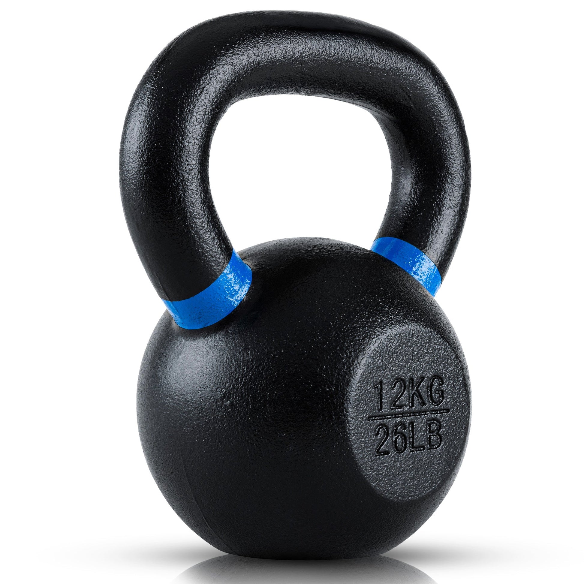 12kg or 26lb Black kettlebell with blue accents on a white background