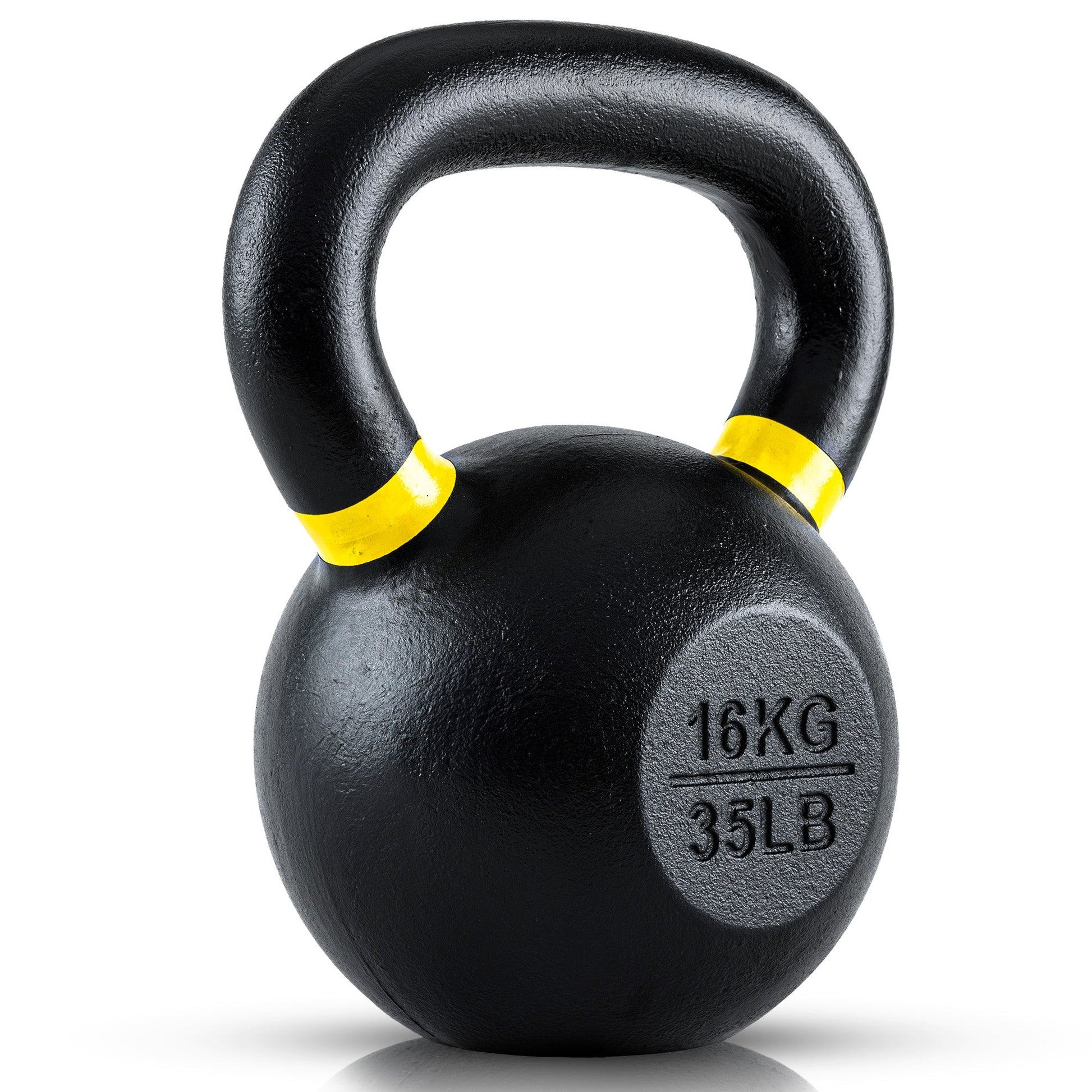 16 kg or 35 lb Black kettlebell with yellow accents and weight marking on a white background