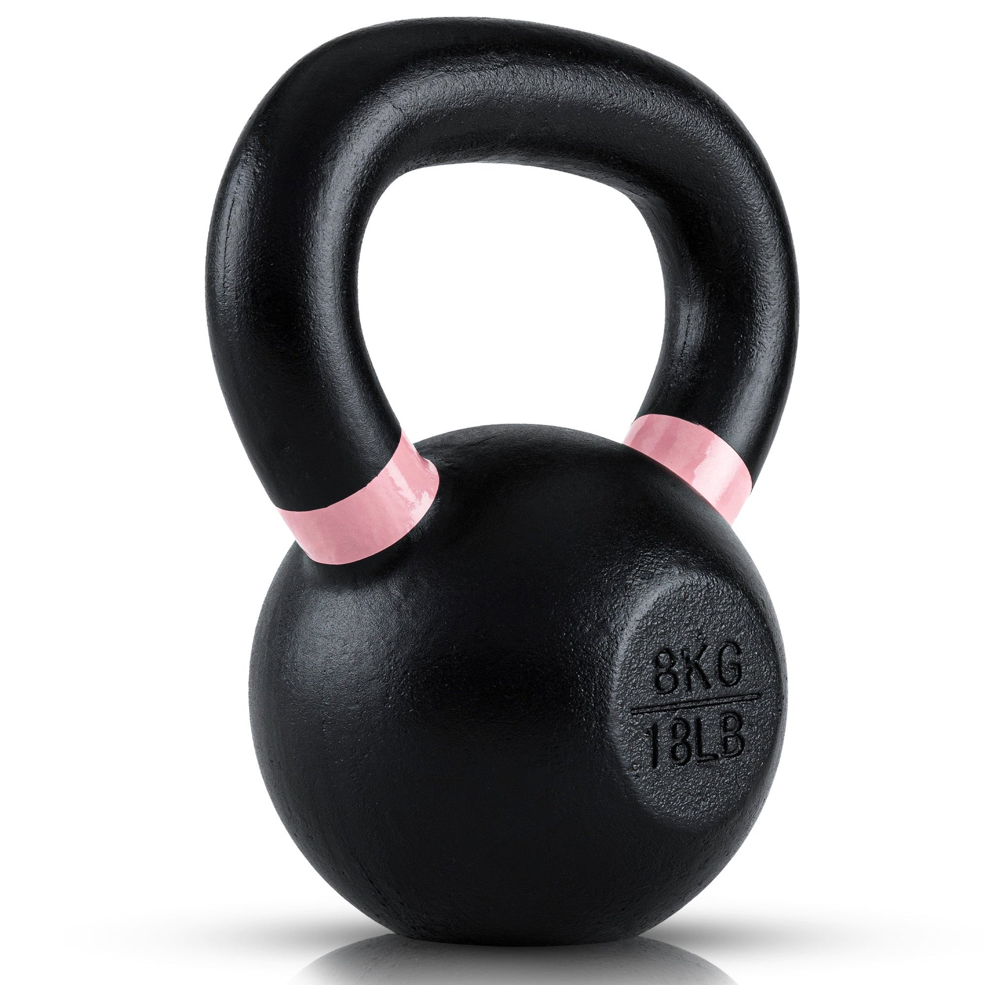 8kg or 18lb Black kettlebell with pink accents on a white background