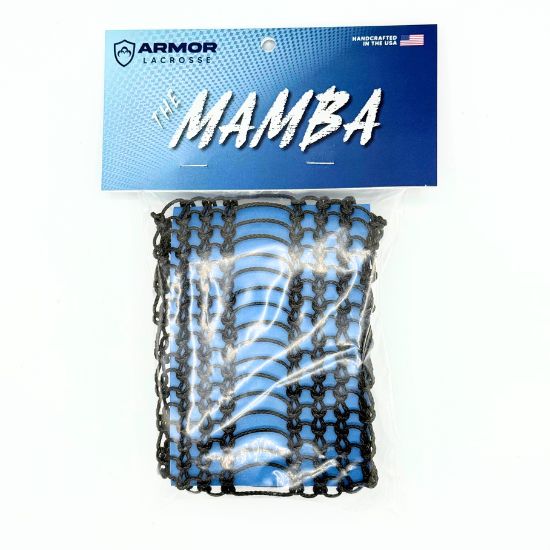 black lacrosse mesh labeled “the mamba” by armor lacrosse in blue packaging with american flag and handcrafted in the usa badge