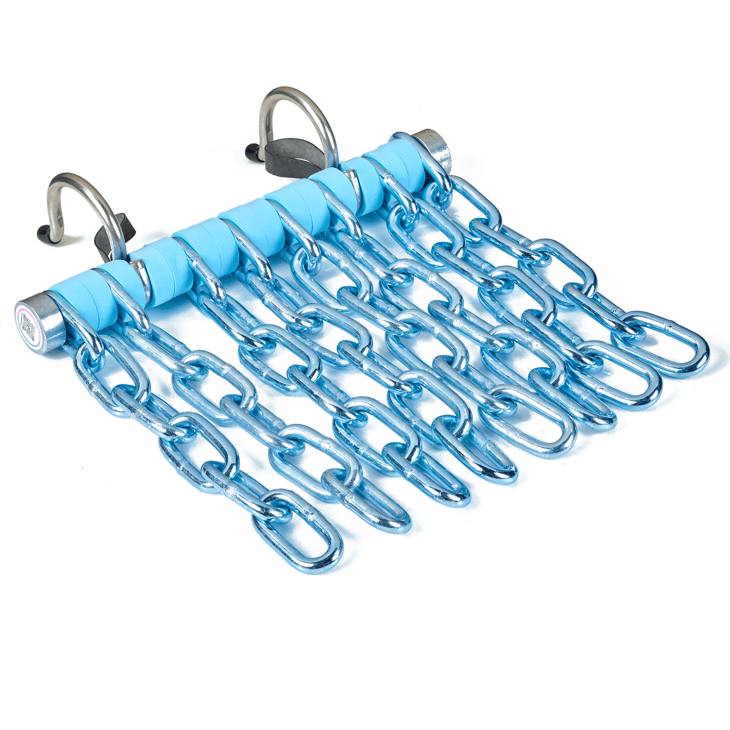 Cheddy Chain lacrosse shooting target in Blue color hanging in a lacrosse goal