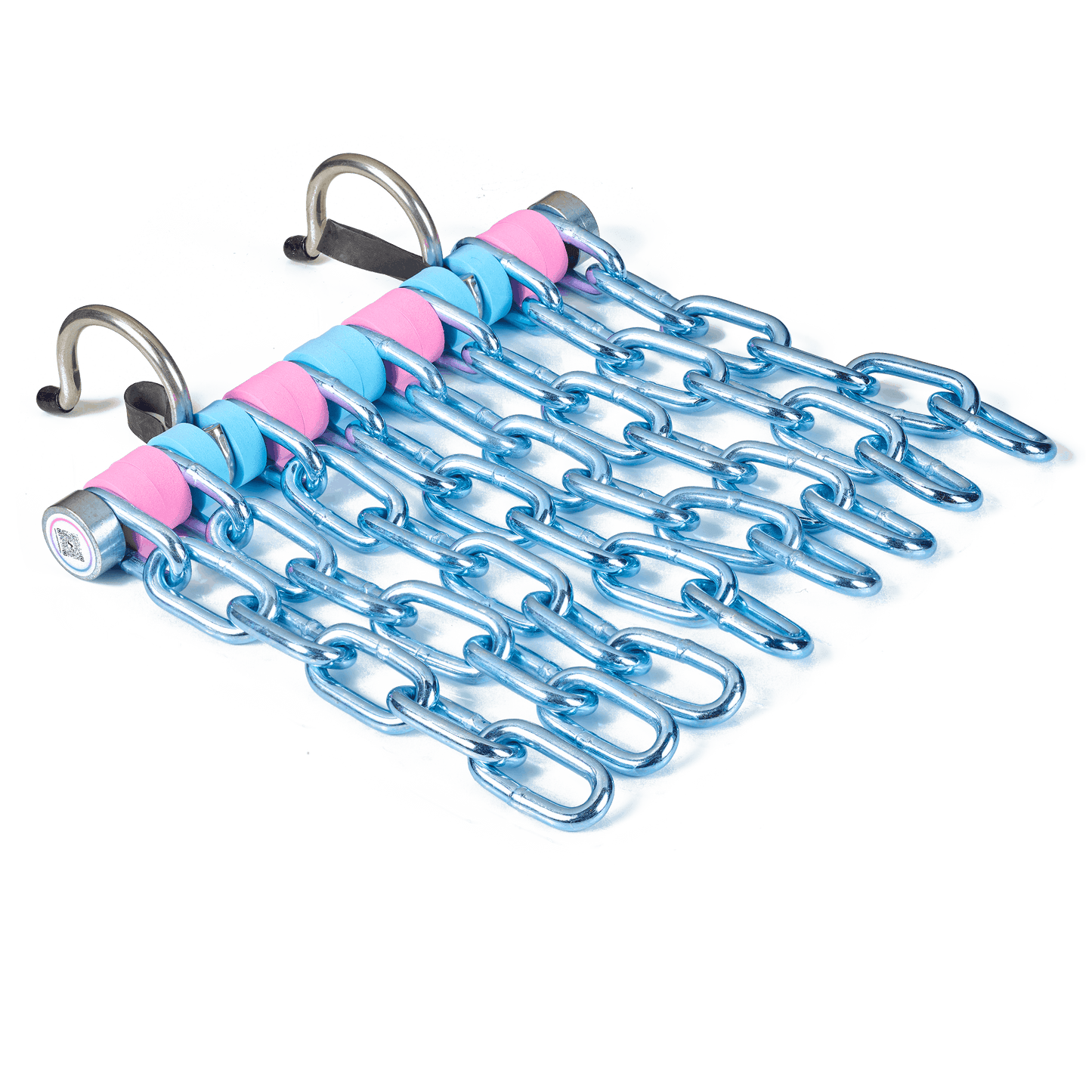 Cheddy Chain lacrosse shooting target in Cotton Candy color hanging in a lacrosse goal