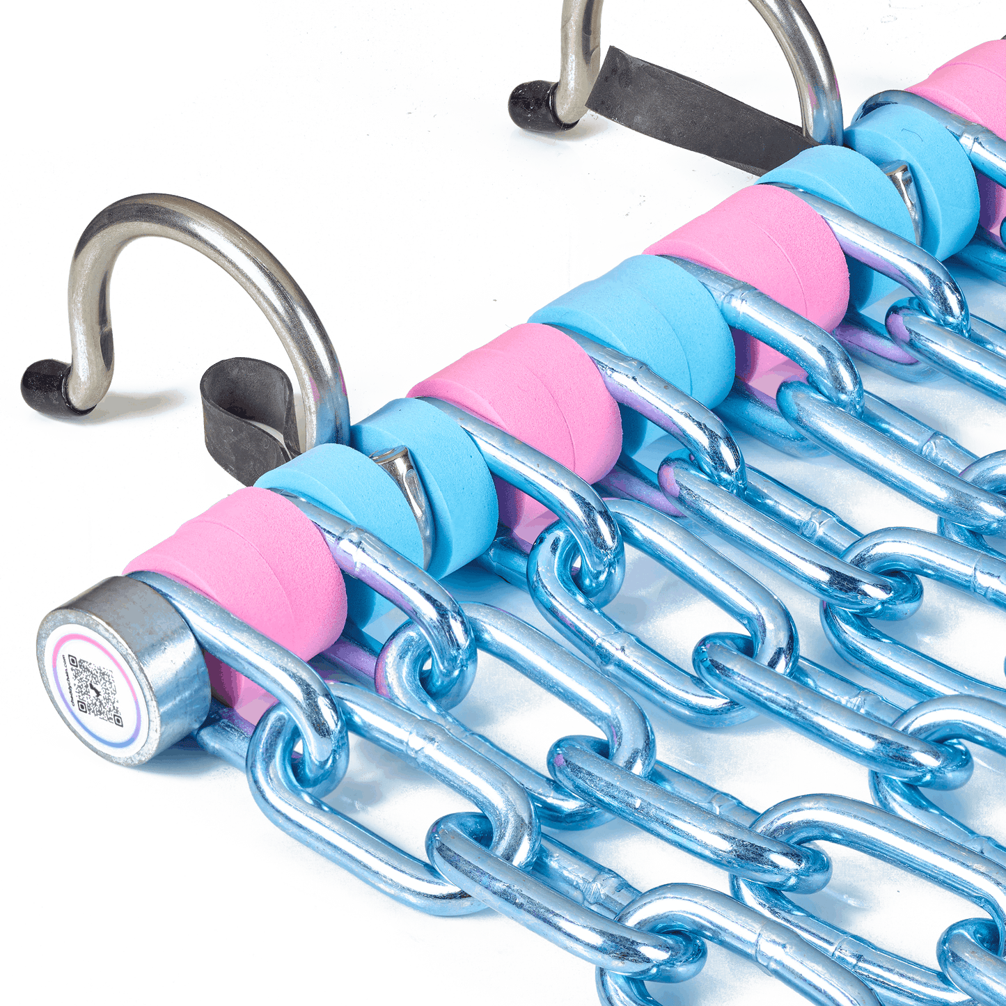Close-up of Cheddy Chain Cotton Candy lacrosse shooting target showing galvanized steel chain links