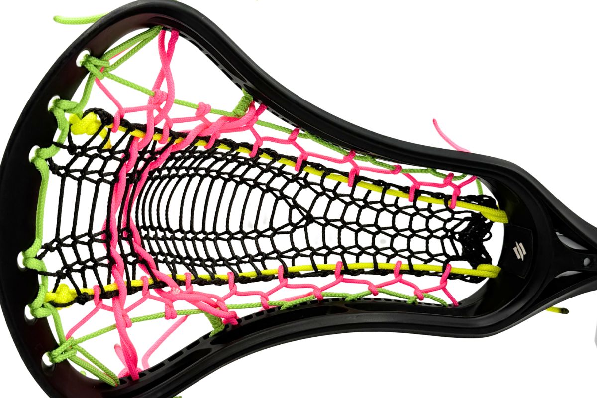 black womens lacrosse head with a black lacrosse runner and pink, yellow, and green strings strung by stringers society