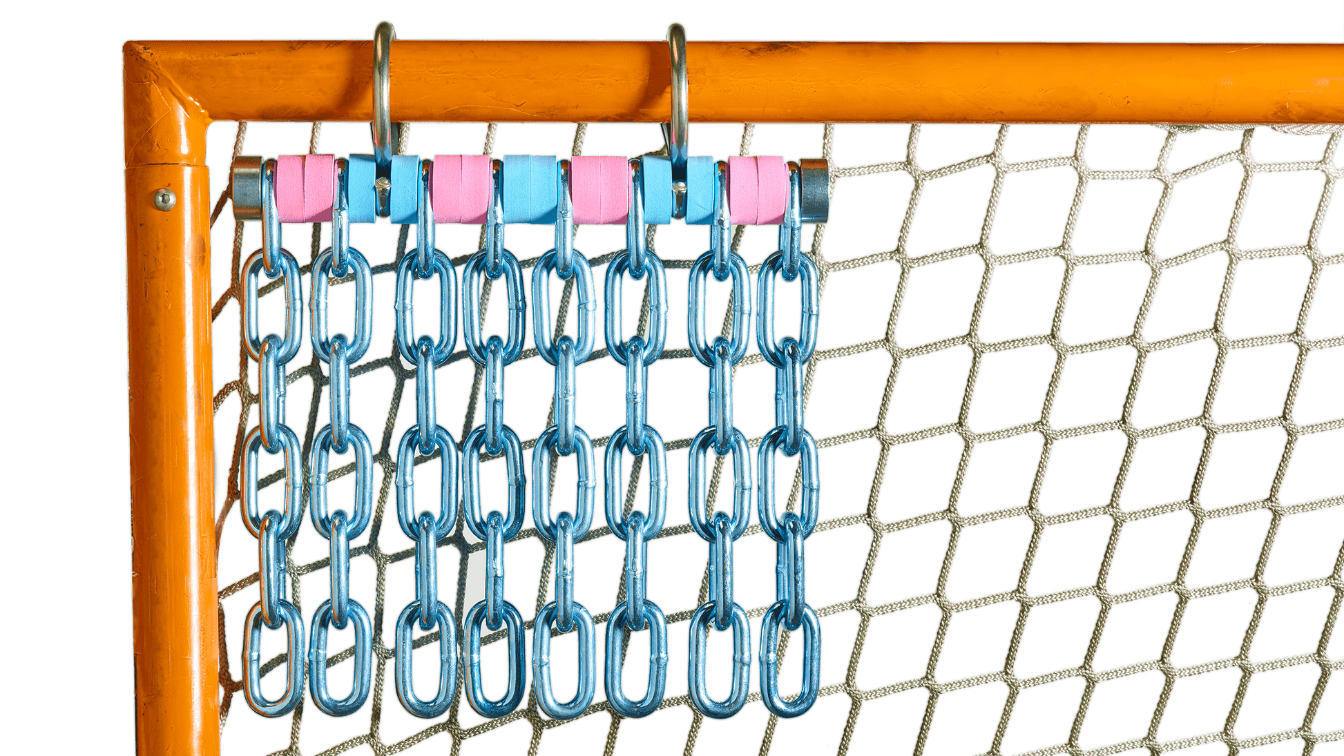 Cheddy Chain lacrosse and hockey shooting target — galvanized steel chain hanging in a lacrosse goal