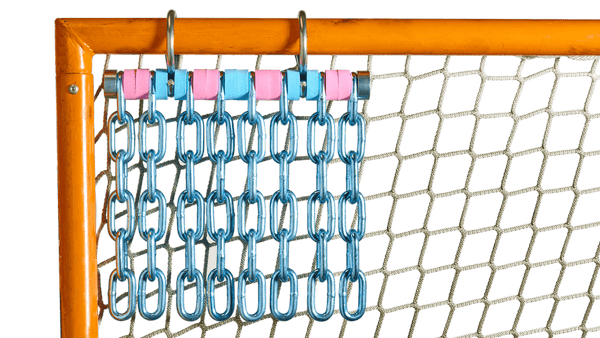 Cheddy Chain lacrosse and hockey shooting target — galvanized steel chain hanging in a lacrosse goal