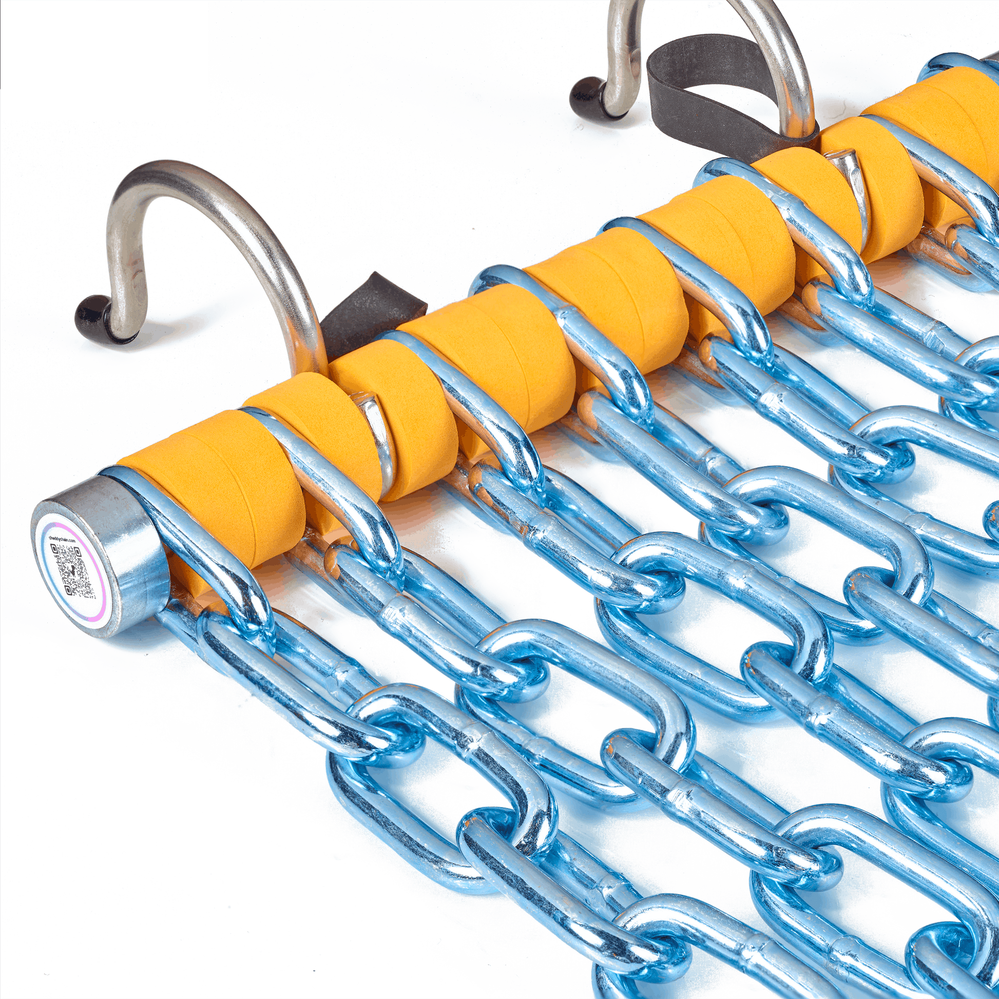 Close-up of Cheddy Chain Orange lacrosse shooting target galvanized steel chain links