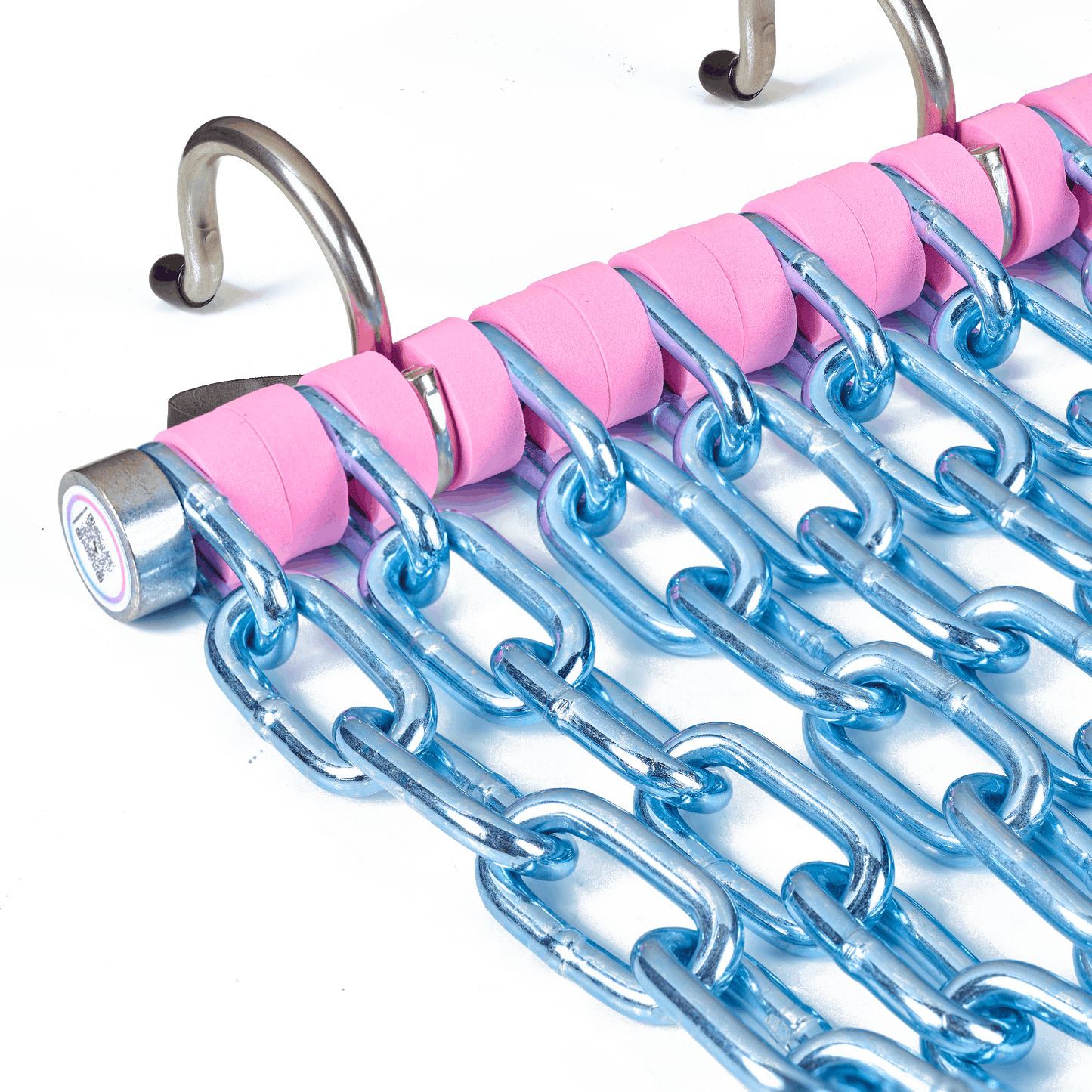 Close-up of Cheddy Chain Pink lacrosse shooting target showing galvanized steel chain links