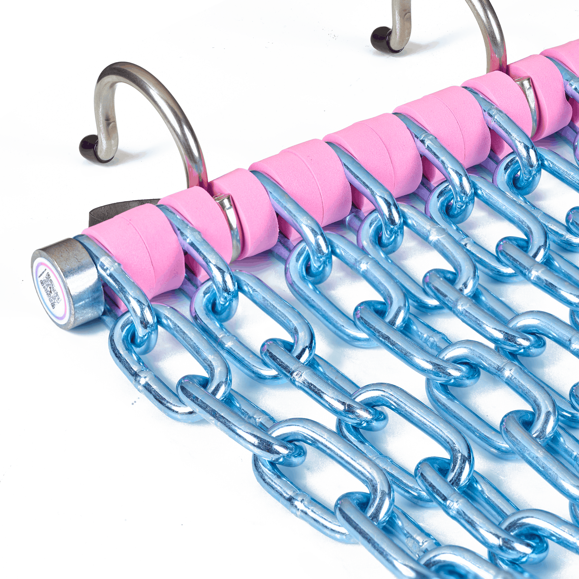 Close-up of Cheddy Chain Pink lacrosse shooting target showing galvanized steel chain links
