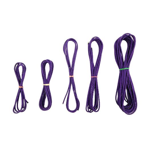 five purple lacrosse crosslace lengths on a white lacrosse background