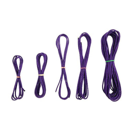 five purple lacrosse crosslace lengths on a white lacrosse background