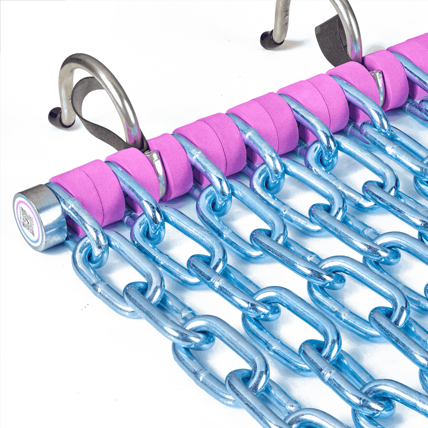 Close-up of Cheddy Chain Purple lacrosse shooting target showing galvanized steel chain links