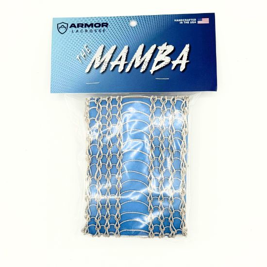 steel-colored lacrosse mesh labeled “the mamba” by armor lacrosse in blue packaging with usa flag and handcrafted badge