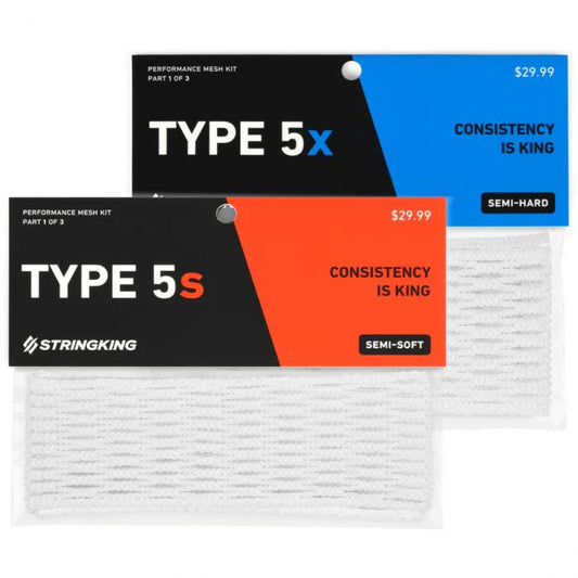 Two packages of StringKing lacrosse string with 'Type 5x' and 'Type 5s' labels on a white background.