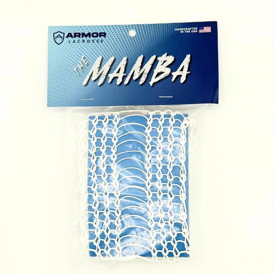 white lacrosse mesh labeled “the mamba” by armor lacrosse in blue packaging with american flag and handcrafted in the usa badge