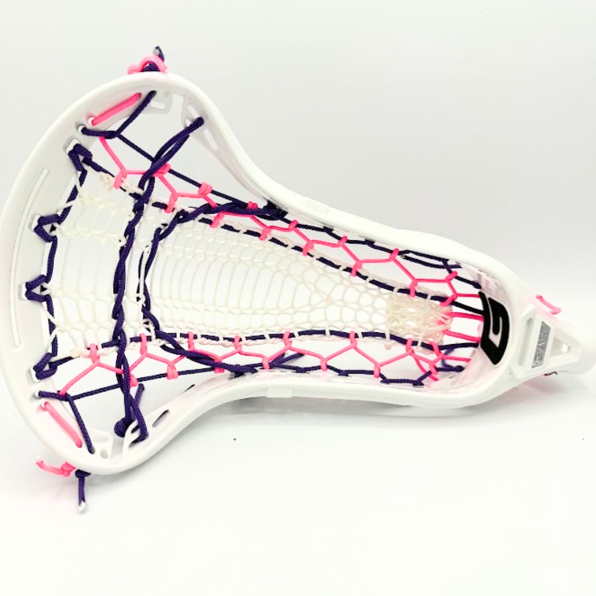 Wild Berry Valkyrie women's lacrosse pocket strung with purple and pink strings strung by stringers society
