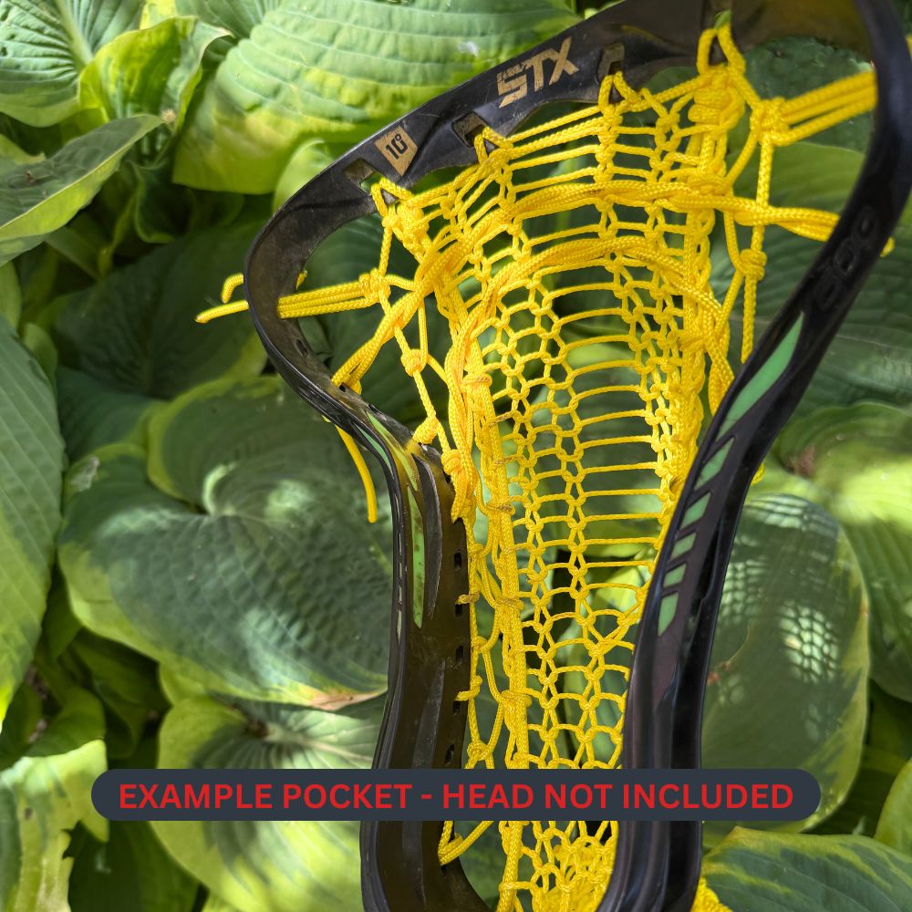 yellow valkyrie runner stringing kit pocket on a black stx crux with a floral background showing the inside of the pocket