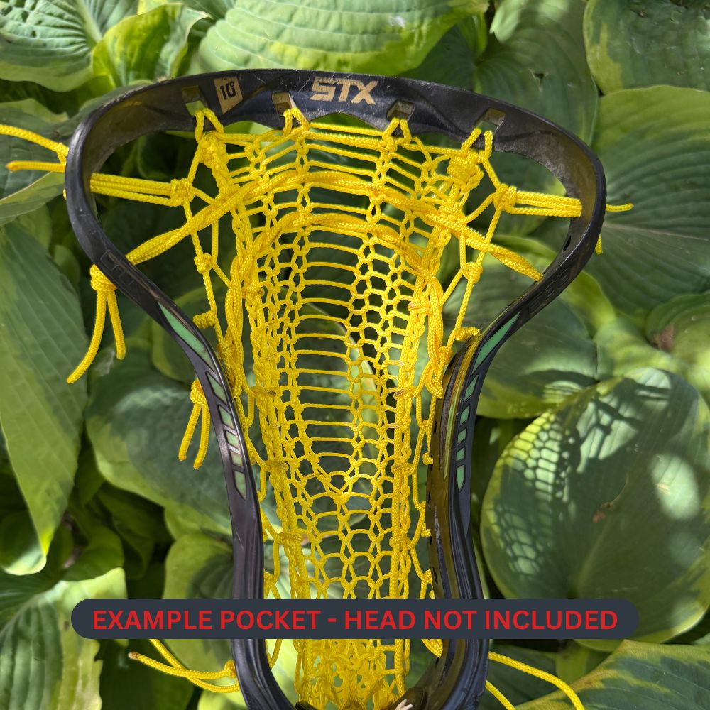 yellow valkyrie runner stringing kit pocket on a black stx crux with a floral background showing the face shape