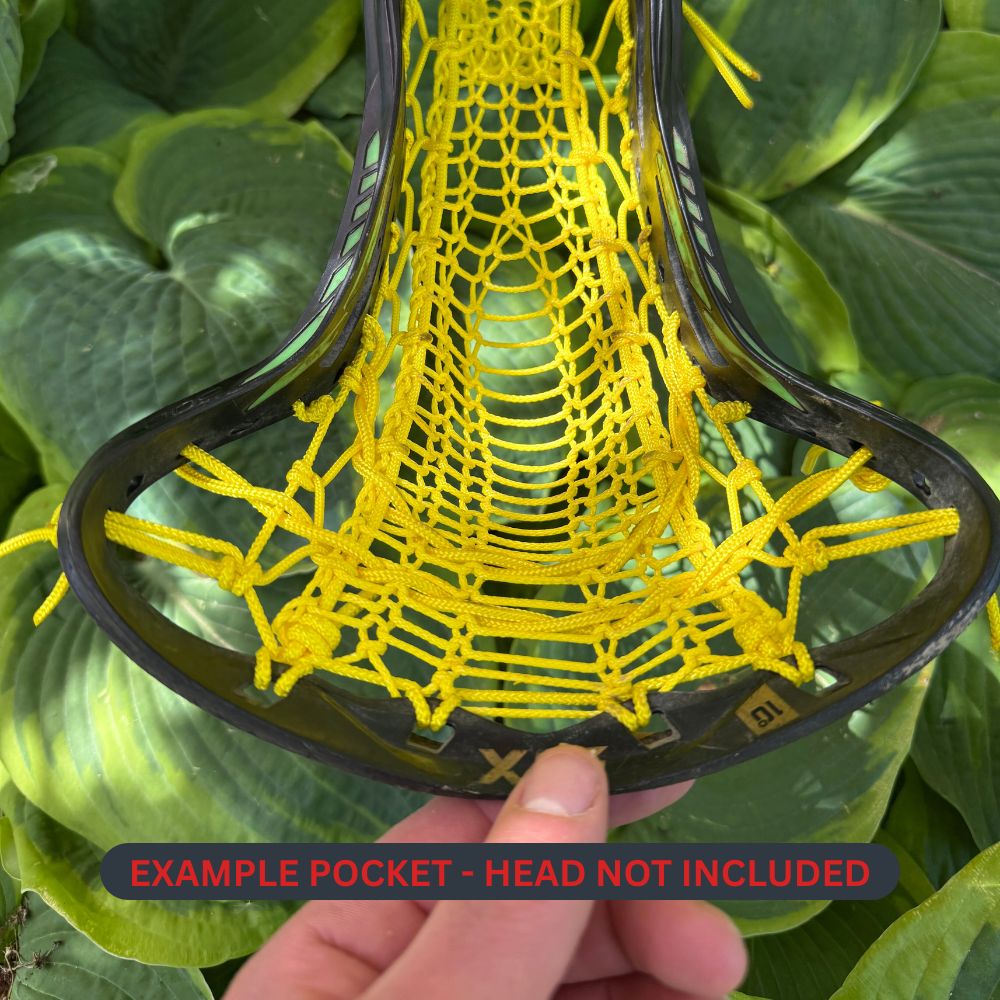 yellow valkyrie runner stringing kit pocket on a black stx crux with a floral background showing the scoop and pocket